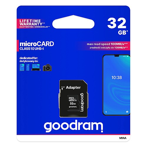 GOODRAM Memory MicroSD Card - 32GB with adapter UHS I CLASS 10 100MB/s