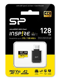 SILICON POWER κάρτα μνήμης microSDXC Inspire με card reader, 128GB, C10 UHS-I U3 V30 A2 SP128GBSTXLA2VC2